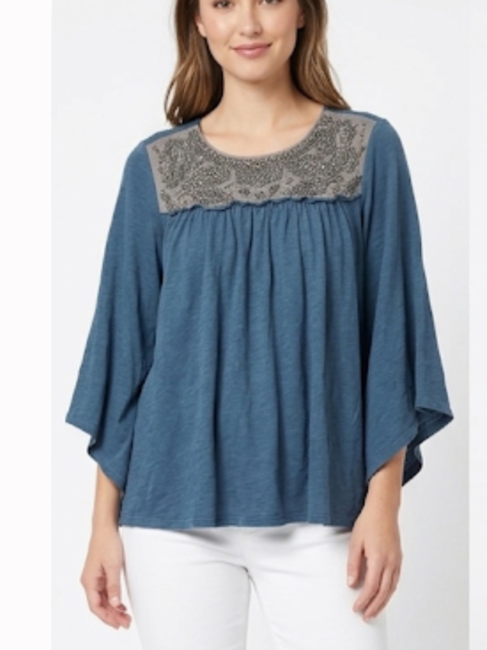 Deletta by Anthropology embellished beaded bell sleeves blue top size S